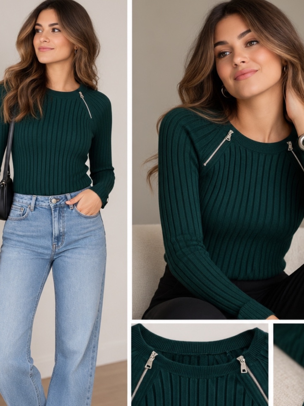 NC International Concepts Zip Raglan Ribbed Sweater – Hunter Forest Green